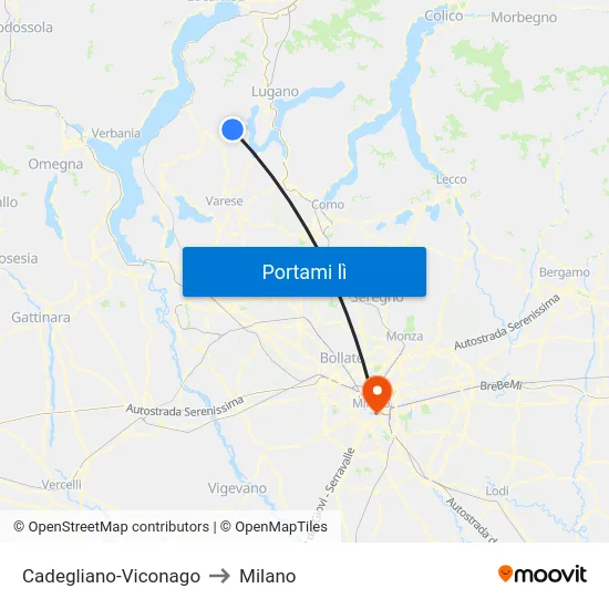 Cadegliano-Viconago to Milano map