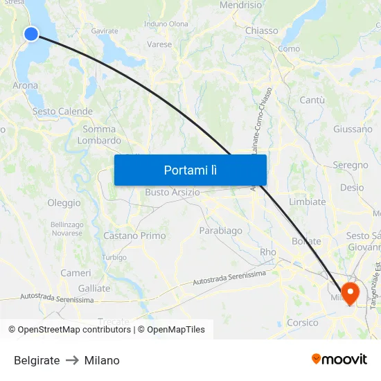 Belgirate to Milano map