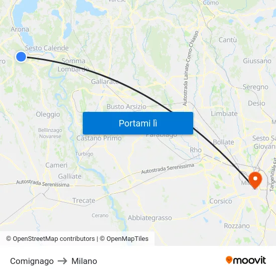 Comignago to Milano map
