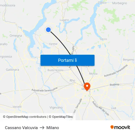 Cassano Valcuvia to Milano map