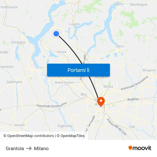 Grantola to Milano map
