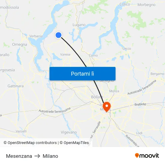 Mesenzana to Milano map