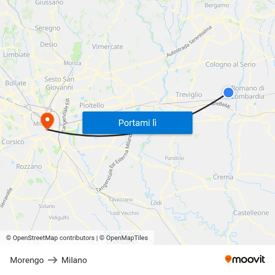 Morengo to Milano map
