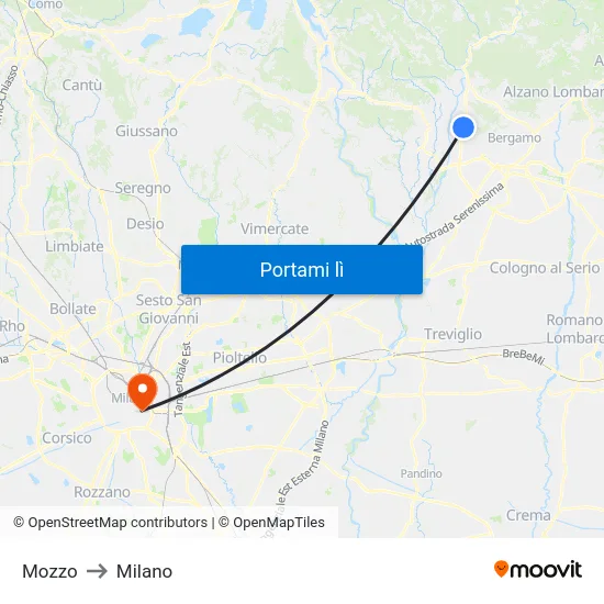 Mozzo to Milano map