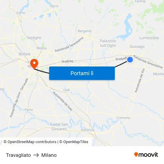 Travagliato to Milano map