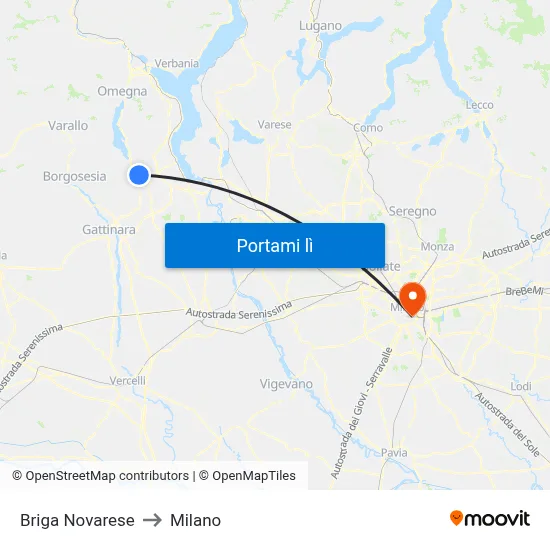 Briga Novarese to Milano map