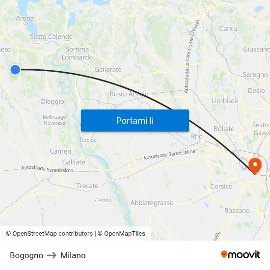 Bogogno to Milano map