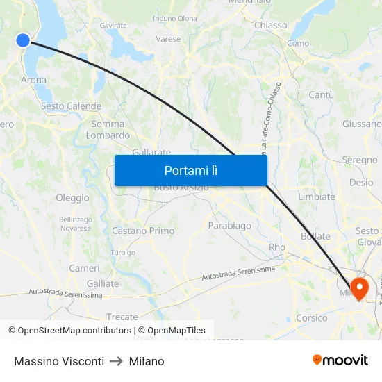 Massino Visconti to Milano map