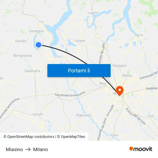 Miasino to Milano map