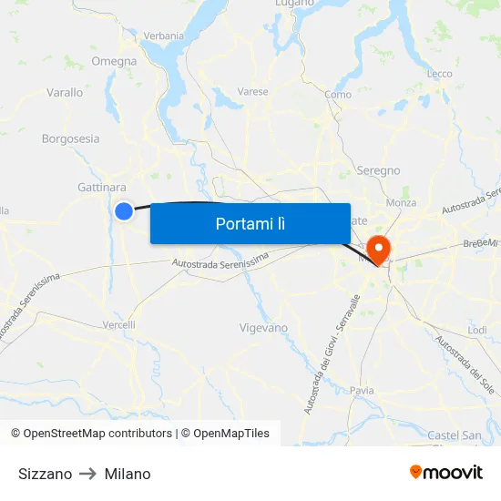 Sizzano to Milano map