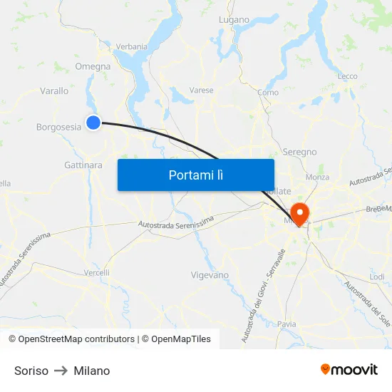 Soriso to Milano map