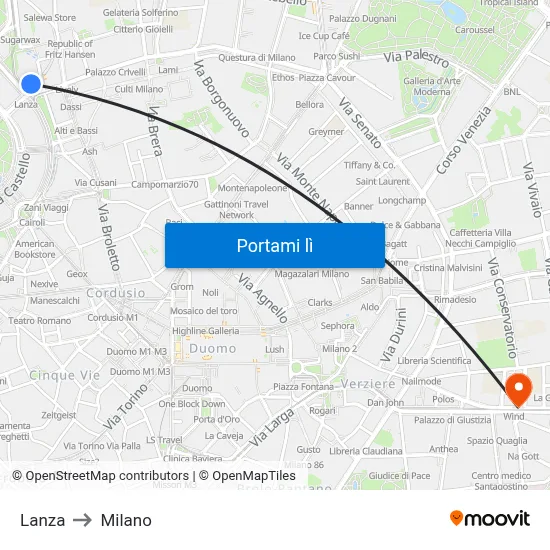 Lanza to Milano map