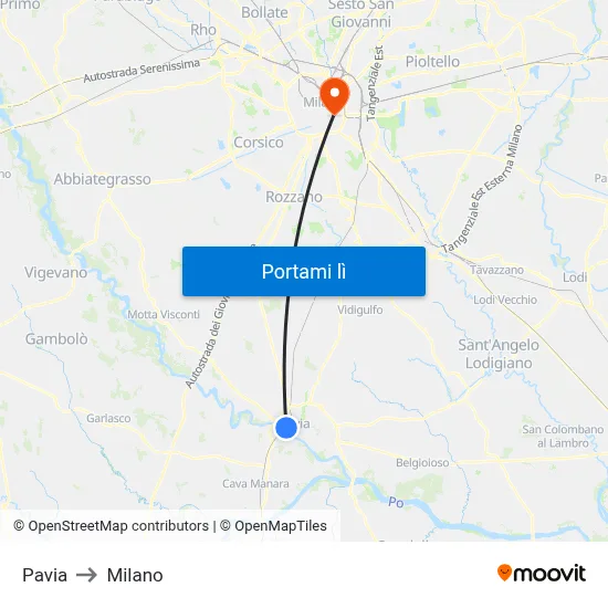 Pavia to Milano map