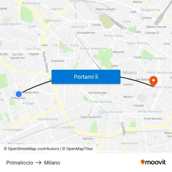 Primaticcio to Milano map