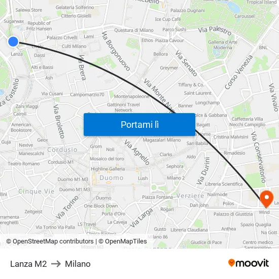 Lanza M2 to Milano map