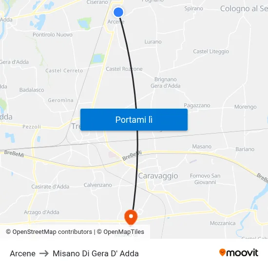 Arcene to Misano Di Gera D' Adda map