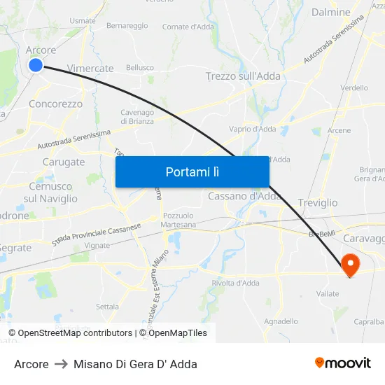 Arcore to Misano Di Gera D' Adda map