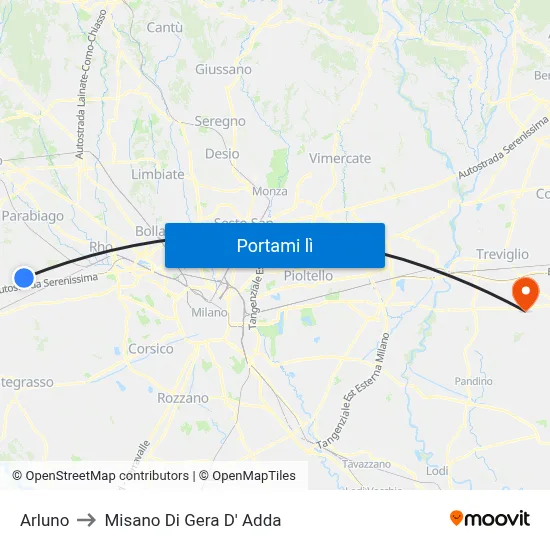 Arluno to Misano Di Gera D' Adda map
