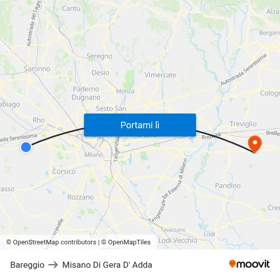 Bareggio to Misano Di Gera D' Adda map