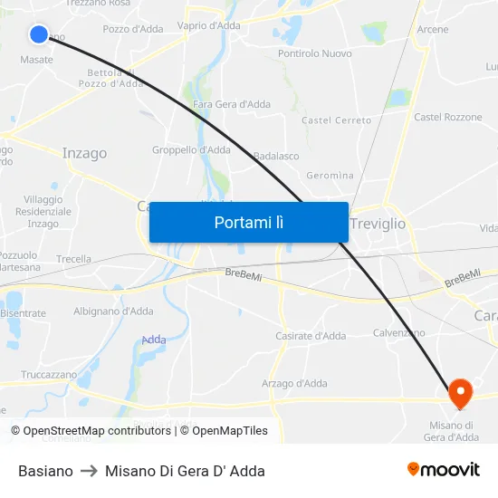 Basiano to Misano Di Gera D' Adda map