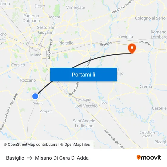 Basiglio to Misano Di Gera D' Adda map