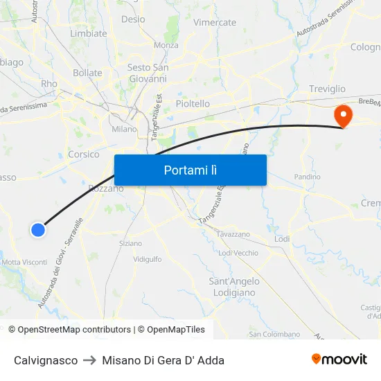 Calvignasco to Misano Di Gera D' Adda map