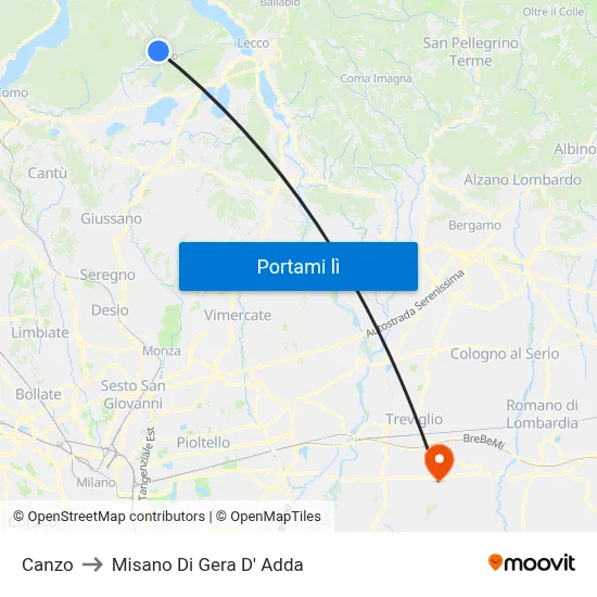 Canzo to Misano Di Gera D' Adda map