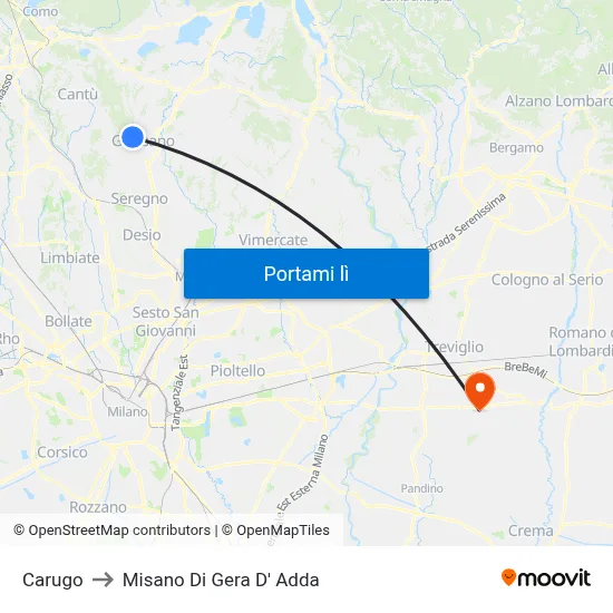 Carugo to Misano Di Gera D' Adda map