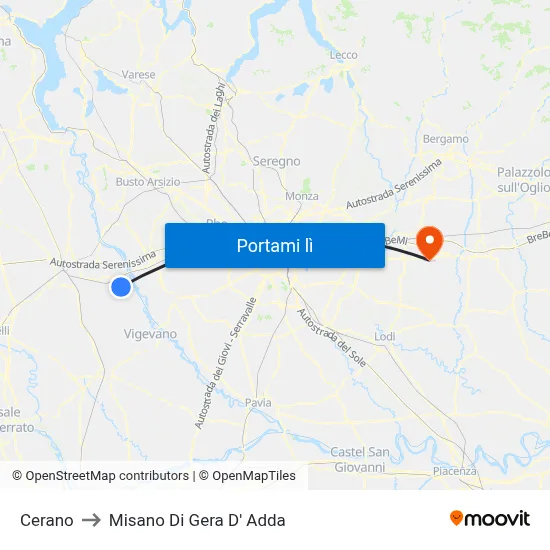 Cerano to Misano Di Gera D' Adda map