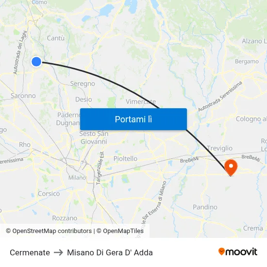 Cermenate to Misano Di Gera D' Adda map