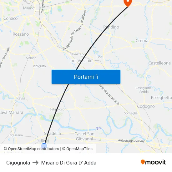 Cigognola to Misano Di Gera D' Adda map