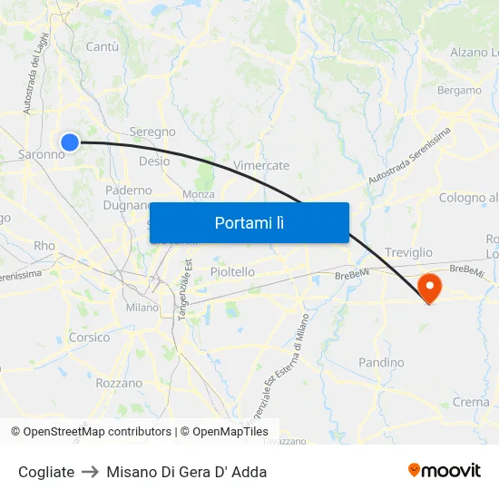 Cogliate to Misano Di Gera D' Adda map