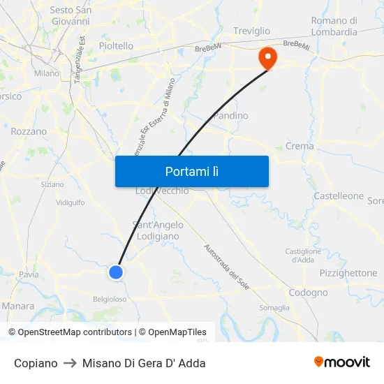 Copiano to Misano Di Gera D' Adda map
