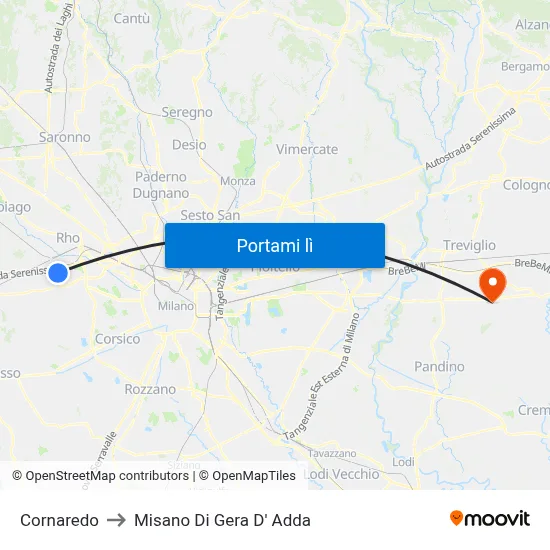 Cornaredo to Misano Di Gera D' Adda map