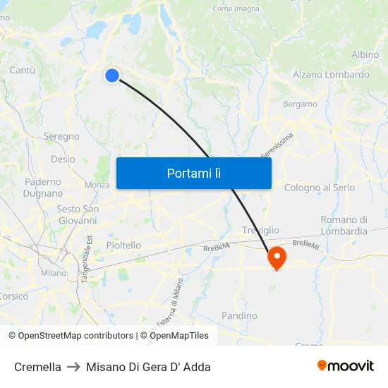 Cremella to Misano Di Gera D' Adda map