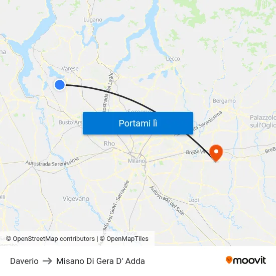 Daverio to Misano Di Gera D' Adda map