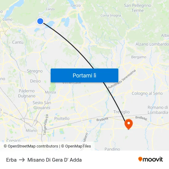 Erba to Misano Di Gera D' Adda map
