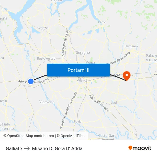 Galliate to Misano Di Gera D' Adda map