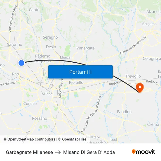 Garbagnate Milanese to Misano Di Gera D' Adda map