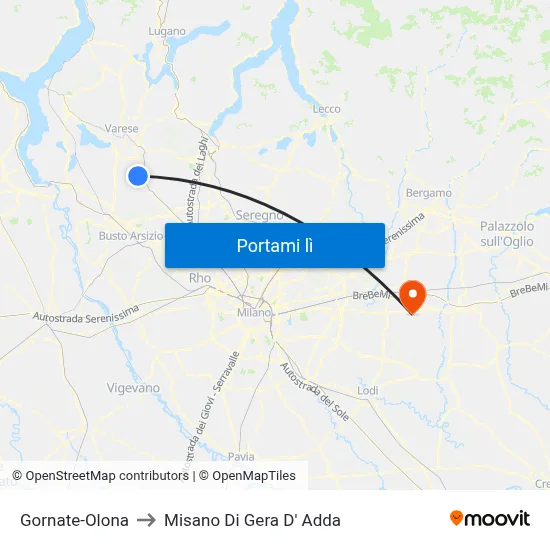 Gornate-Olona to Misano Di Gera D' Adda map