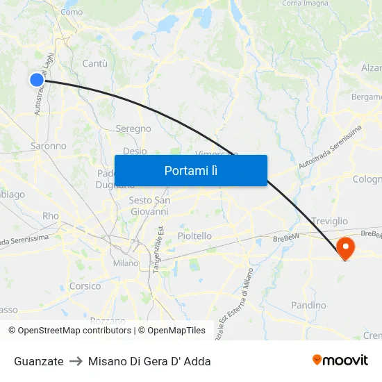 Guanzate to Misano Di Gera D' Adda map