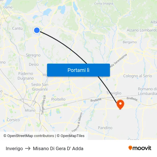 Inverigo to Misano Di Gera D' Adda map
