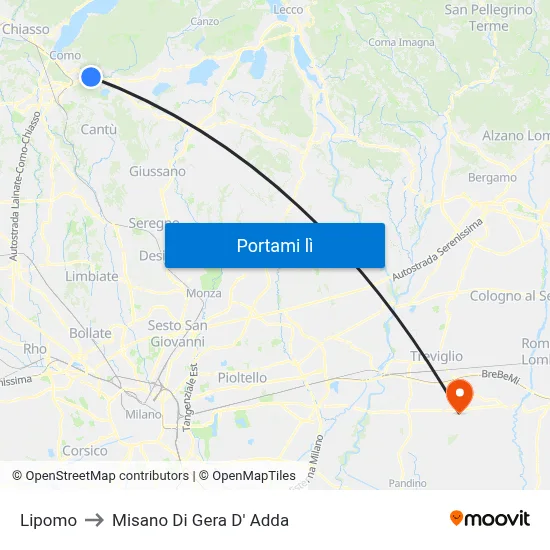 Lipomo to Misano Di Gera D' Adda map