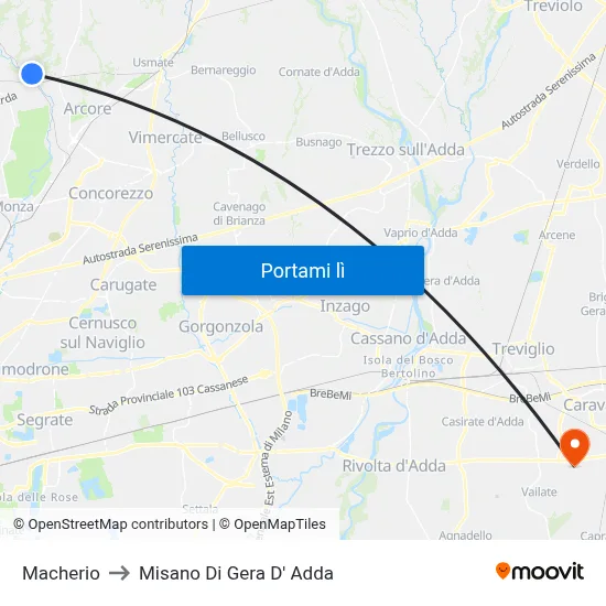 Macherio to Misano Di Gera D' Adda map