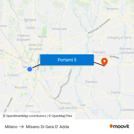 Milano to Misano Di Gera D' Adda map