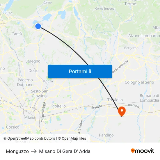 Monguzzo to Misano Di Gera D' Adda map