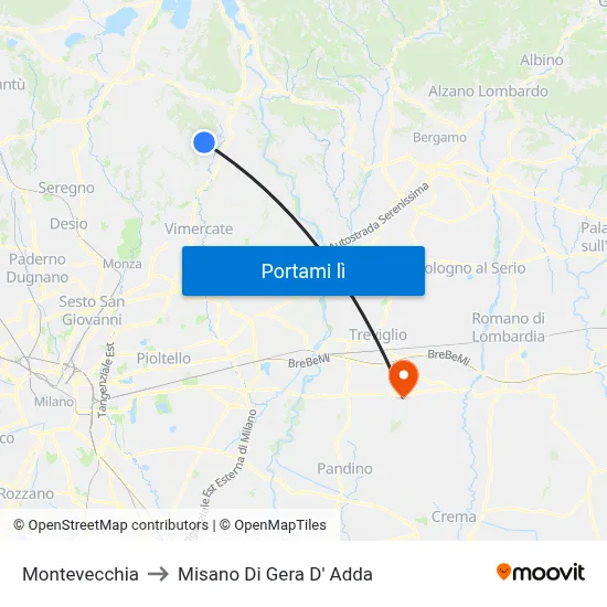 Montevecchia to Misano Di Gera D' Adda map