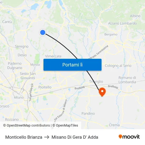 Monticello Brianza to Misano Di Gera D' Adda map