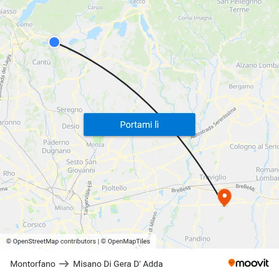Montorfano to Misano Di Gera D' Adda map