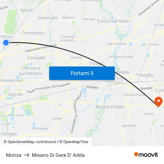 Monza to Misano Di Gera D' Adda map